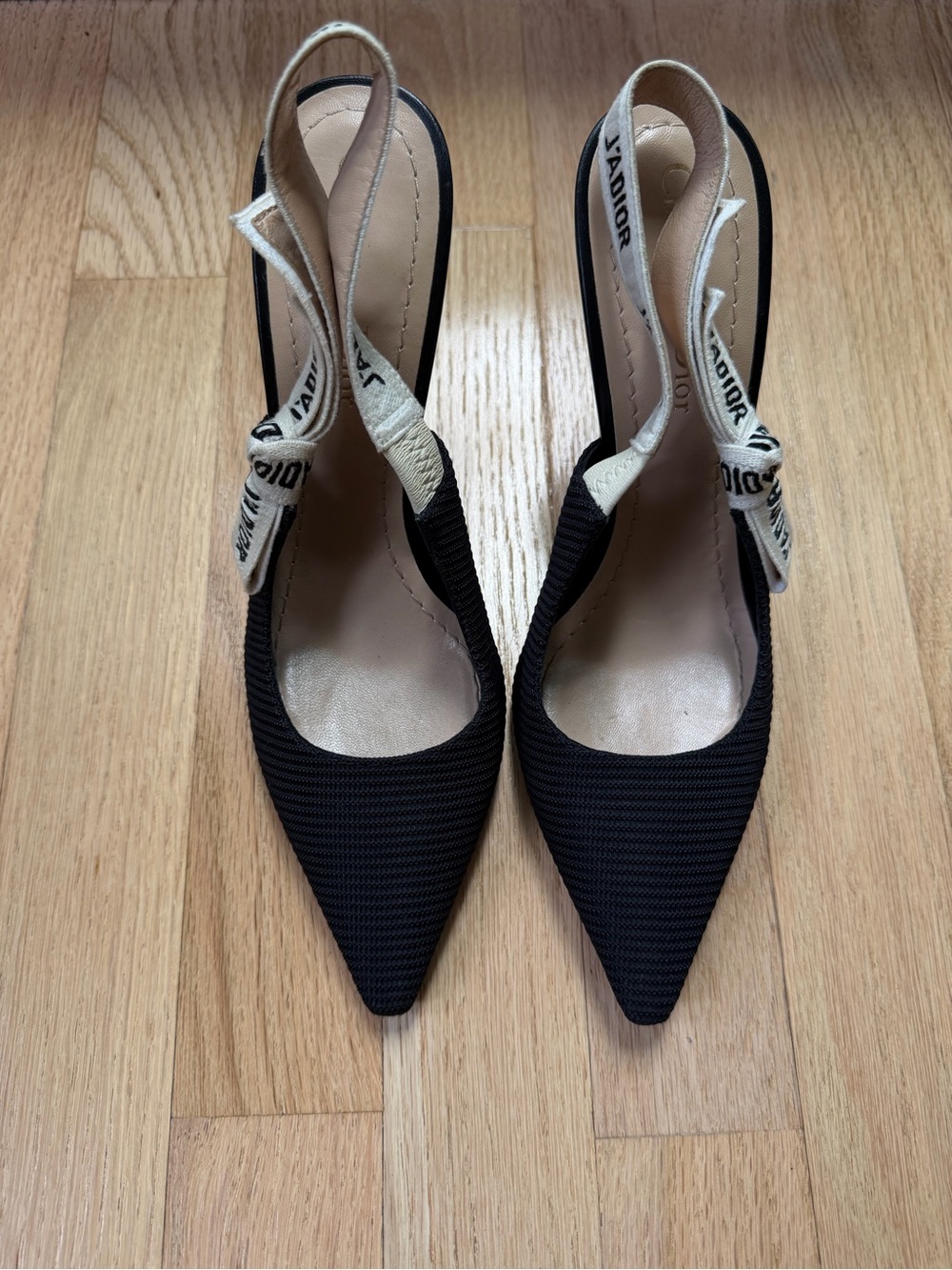 Dior Black Pointed Slingback Heels with J'ADIOR Ribbon